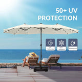 15 ft Rectangle Patio Umbrella with Solar Lights and Base Included, Double-Sided Market Table Umbrella with Crank, Large Outdoo