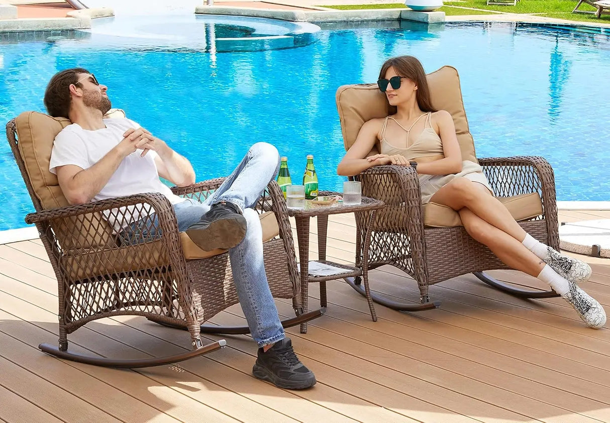 3 Piece Patio Set Rocking, with 2 Rockers and 1 Side Table with 4‘’ Thick Cushions, Rattan Outdoor Rocking Patio Bistro Set