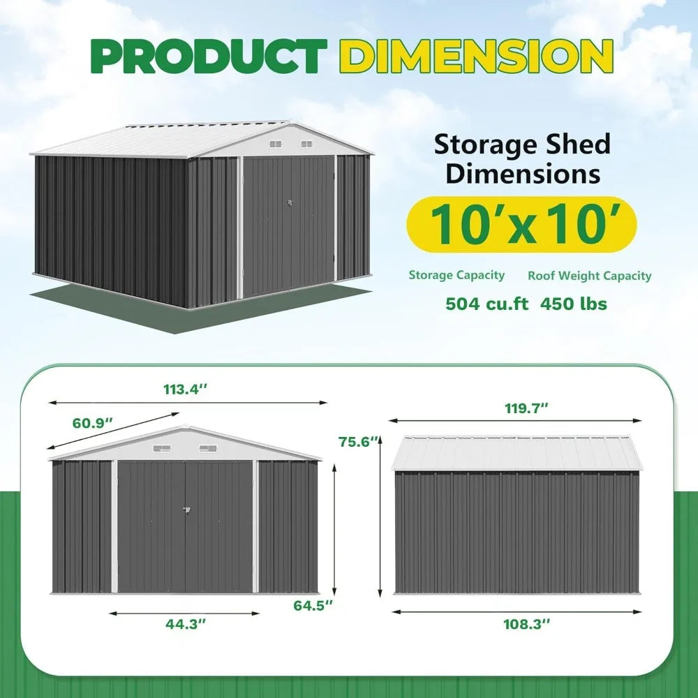 10 x 10 FT Outdoor Storage Shed, Metal Garden Sheds & Outdoor Storage Clearance, Large Tool Shed Outdoor with Single Lockable D