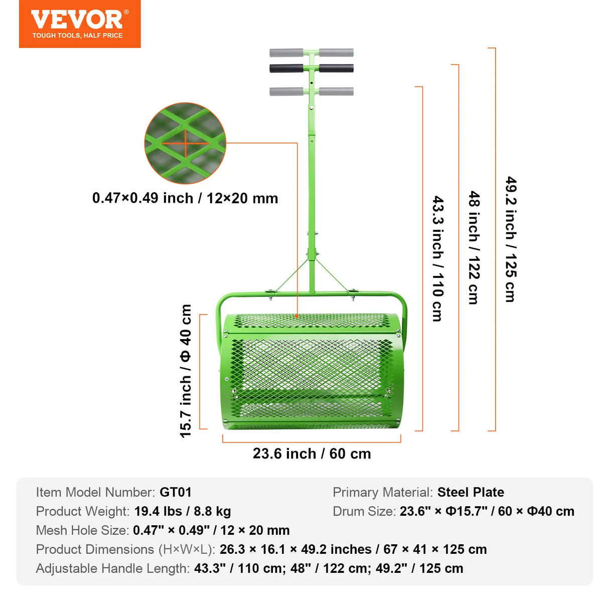 VEVOR Compost Spreader and Peat Moss Spreader 24 in Push/Tow-Behind Roller Lawn Spreader with Height Adjustable T Shaped Handle