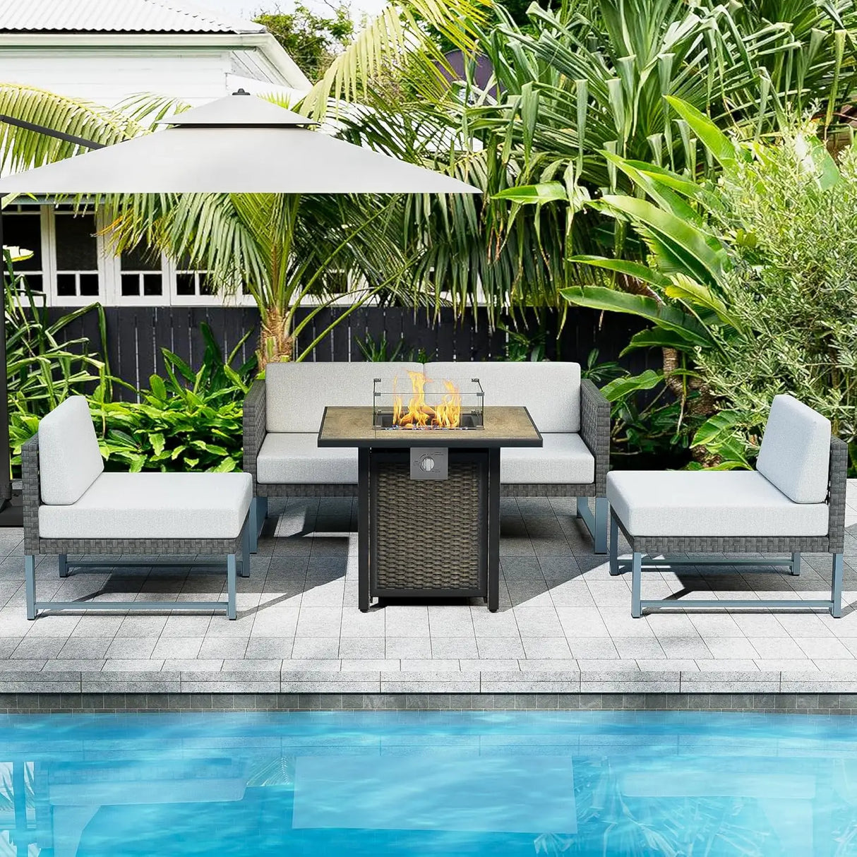 Patio Furniture Set Outdoor Furniture Sectional Couch Fire Pit Table and Chairs Set with Propane Firepit Light Brown Wicker