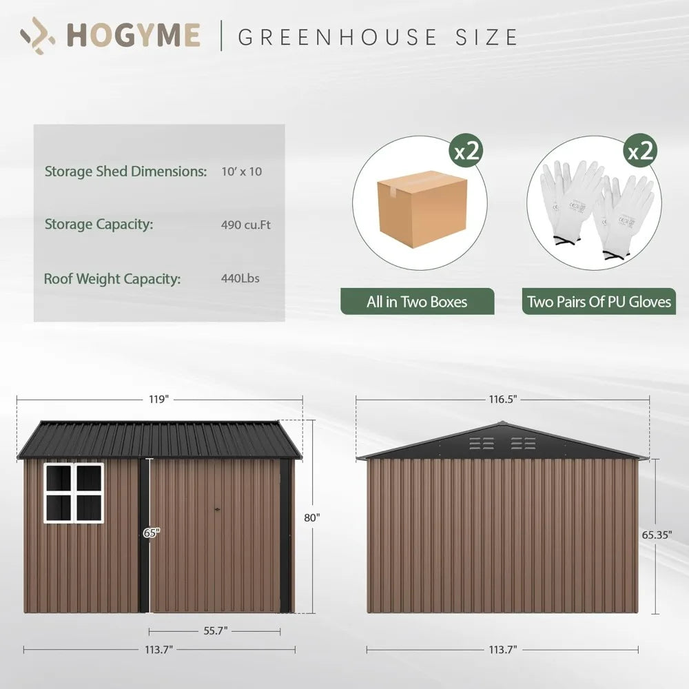 10x10 FT Large Outdoor Storage Shed, Metal Clearance Tiny Home with Windows & Lockable Doors for Backyard Garden, Patio Lawn, Pl