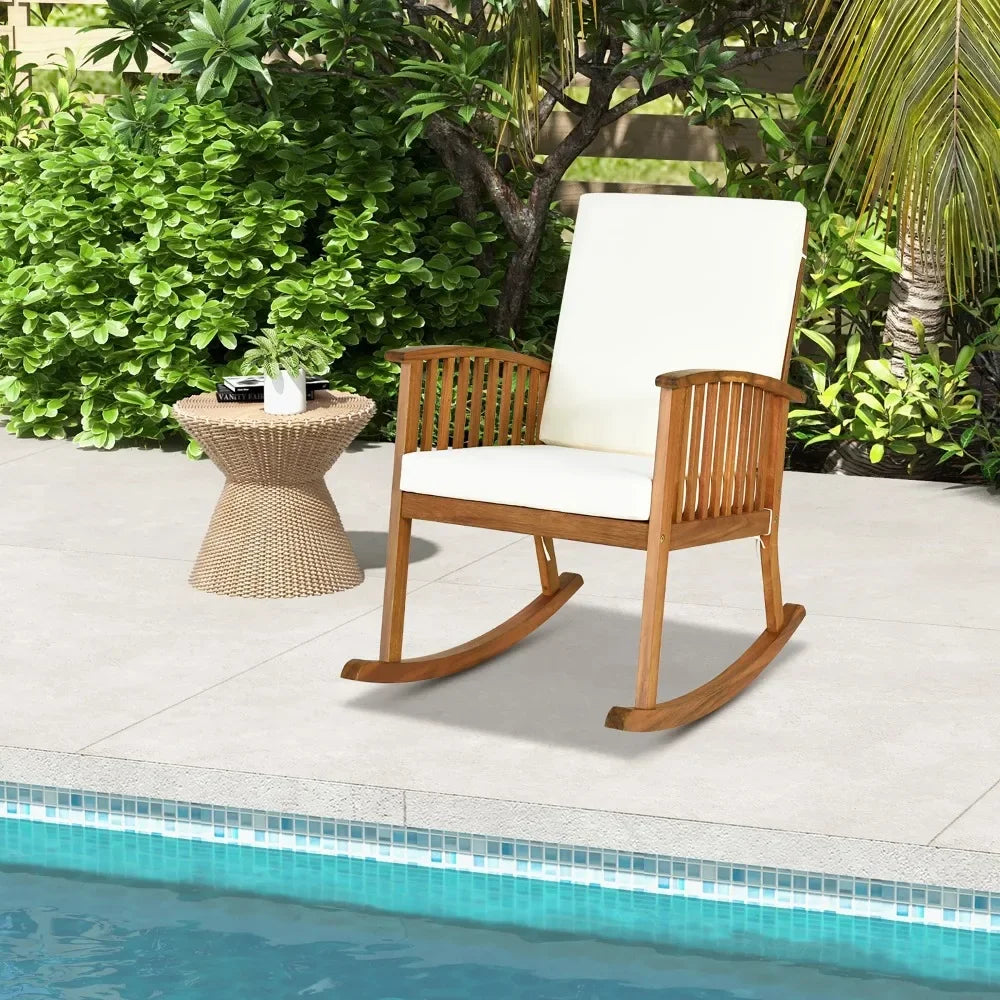 Patio Wooden Rocking Chair Lawn Garden Outdoor w/ Armrest Cushion Outdoor Furniture