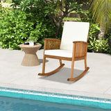 Patio Wooden Rocking Chair Lawn Garden Outdoor w/ Armrest Cushion Outdoor Furniture