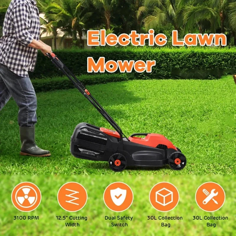 14 Inch Electric Push Lawn Corded Mower with Grass Bag for Garden Yard, Red