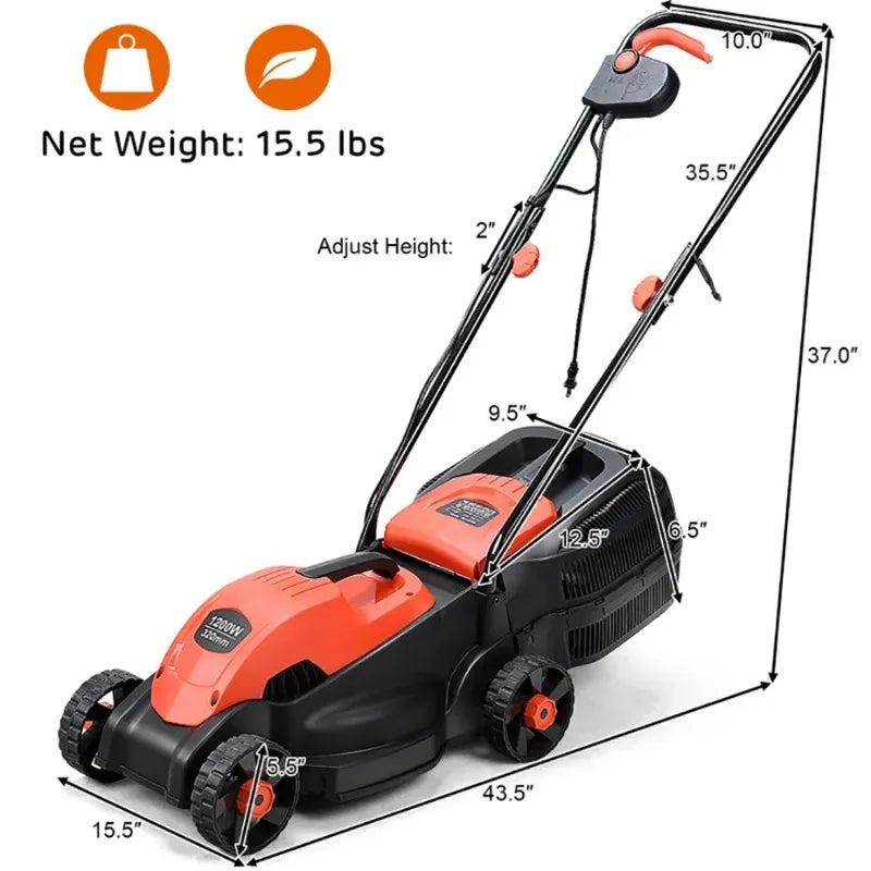 14 Inch Electric Push Lawn Corded Mower with Grass Bag for Garden Yard, Red