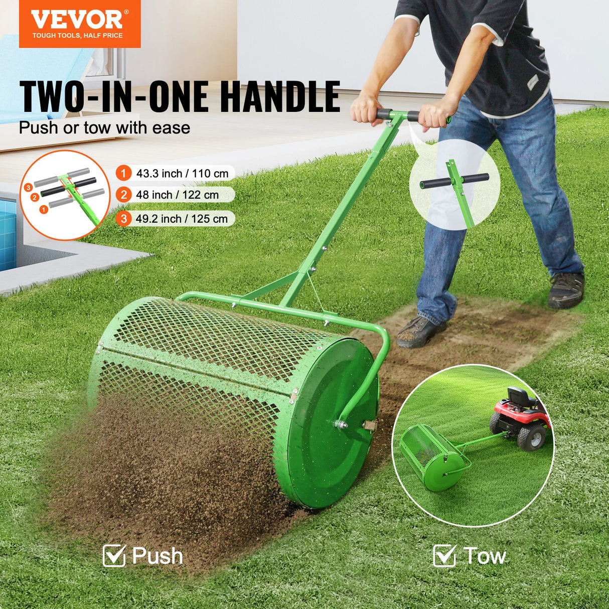 VEVOR Compost Spreader and Peat Moss Spreader 24 in Push/Tow-Behind Roller Lawn Spreader with Height Adjustable T Shaped Handle