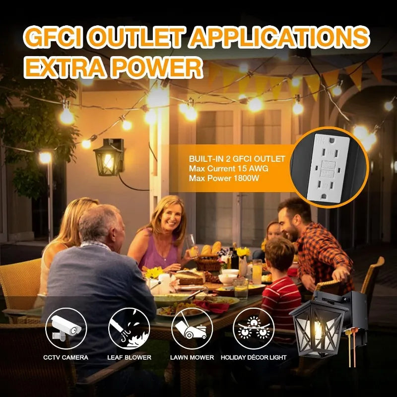 Porch Lights with Outlet, Dusk to Dawn Outdoor Light with Outlet Built-in, Waterproof Anti-Rust Aluminum Outside Light with GFCI