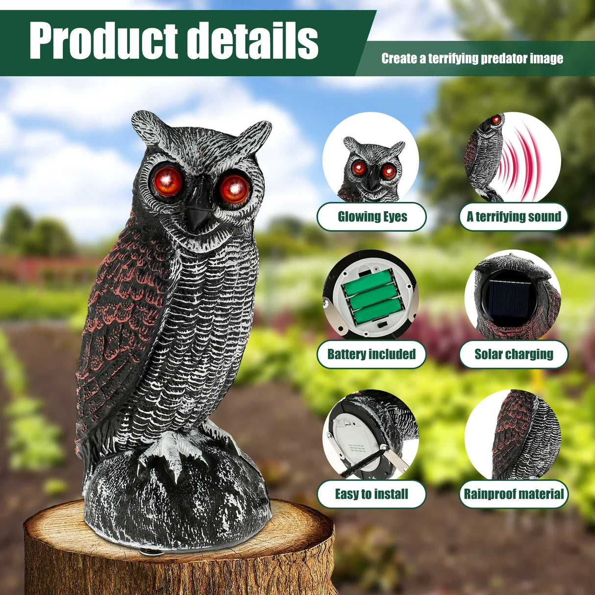 Owl Bird Repellent 360° Rotating Head Realistic Owl Statue Scarecrow Flashing Eyes Scary Sound Garden Bird Repellent Decoration