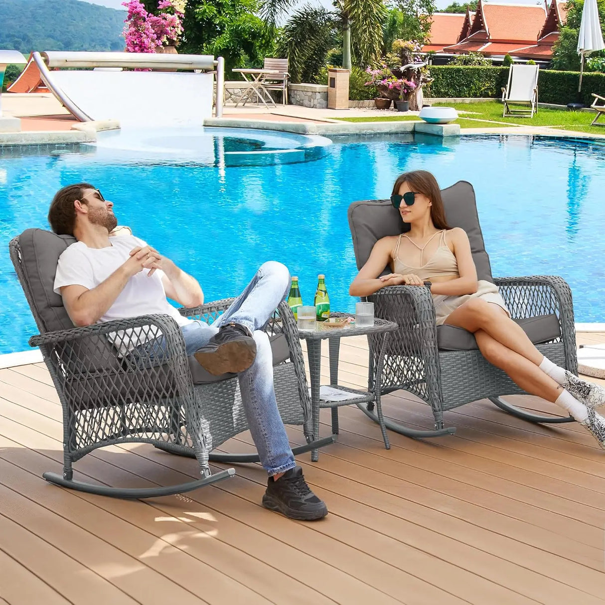 3 Piece Patio Set Rocking, with 2 Rockers and 1 Side Table with 4‘’ Thick Cushions, Rattan Outdoor Rocking Patio Bistro Set