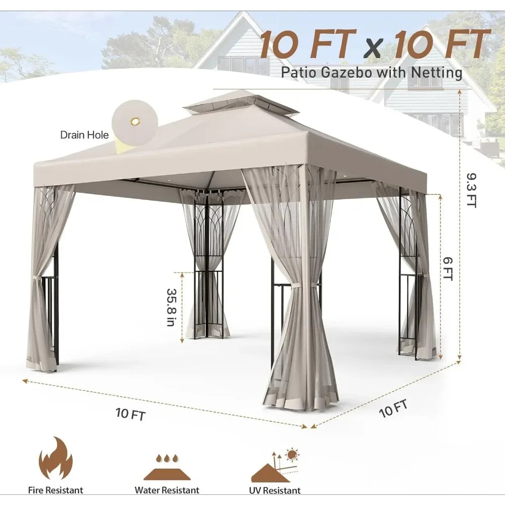 10x10 Outdoor Patio Gazebo with Netting and Corner Shelves,for Backyard, Lawn, Deck and Garden, Two-Tier Soft Top Canopy