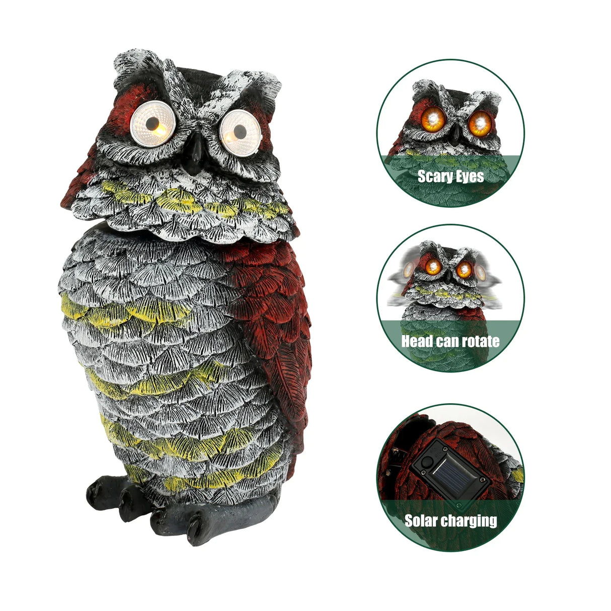 Owl Bird Repellent 360° Rotating Head Realistic Owl Statue Scarecrow Flashing Eyes Scary Sound Garden Bird Repellent Decoration