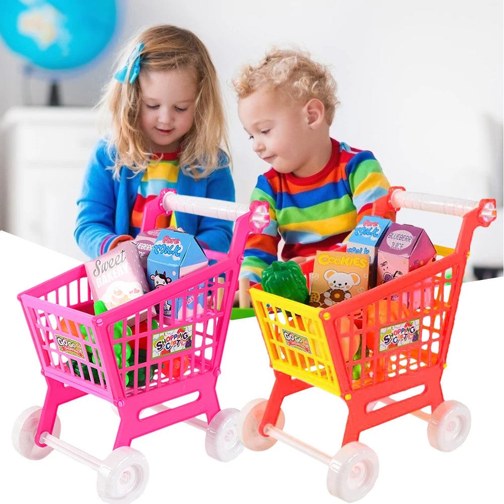 21 Pieces Grocery Store Cart Toys Interactive Play Set Trolley Toys Role Play Toys for Children Kids for Food Fruit Vegetables