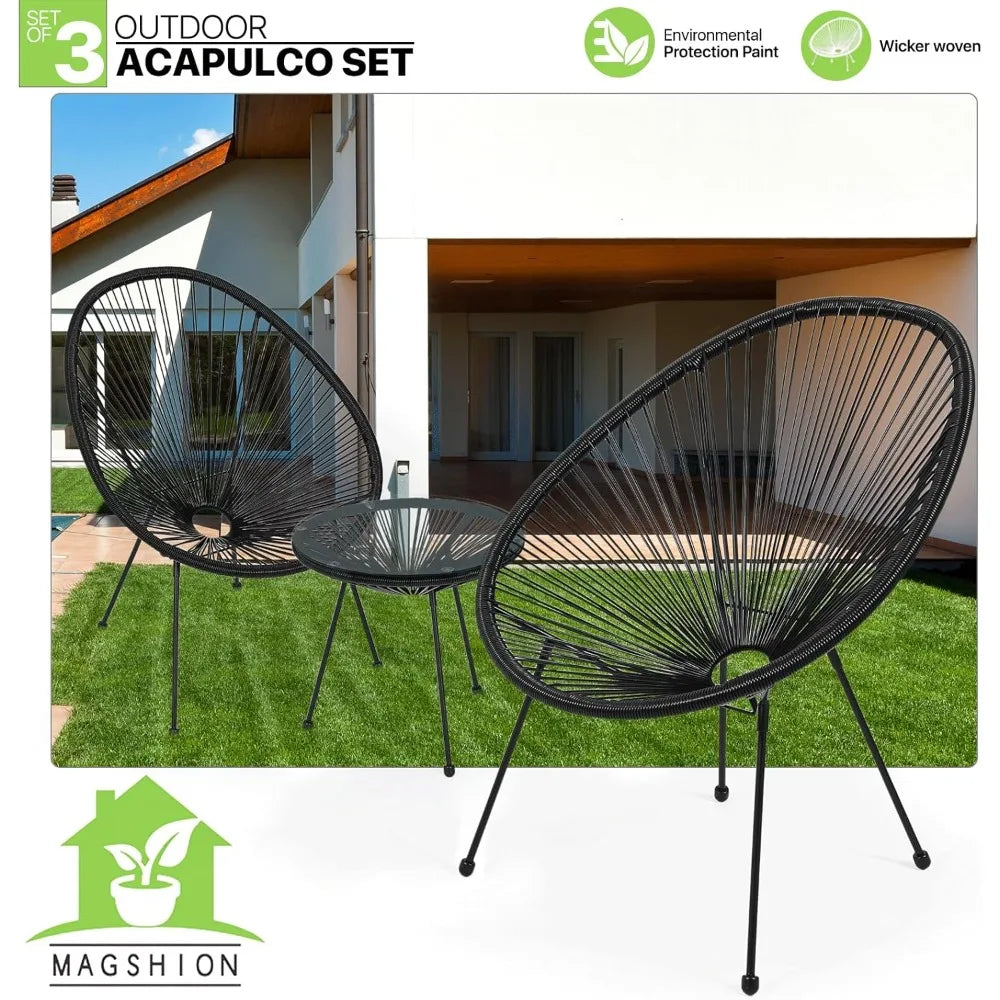 3-Piece Outdoor Chair Set - Glass Top Table, Woven PE Rope, Modern Bistro Set for Patio, Garden
