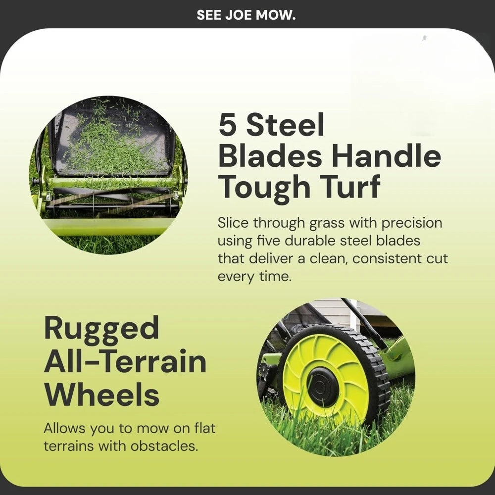 16-Inch Manual Reel Mower w/Adjustable Cutting Height, 6.6-Gallon Removable Grass Catcher, 5 Steel Blades, 2-Wheels