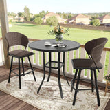 3 Pieces Patio Bar Set for Lawn Garden, 35.5" Bar Height Metal Round Table and 2 Wicker Outdoor Swivel Outdoor Bar Stools, Blac