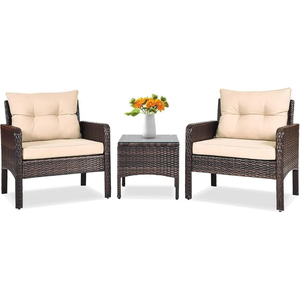 3 Piece Outdoor Patio Furniture Set for 2, Wicker Chairs with Glass Top Coffee Table, Thick Cushions, All Weather Garden Lawn