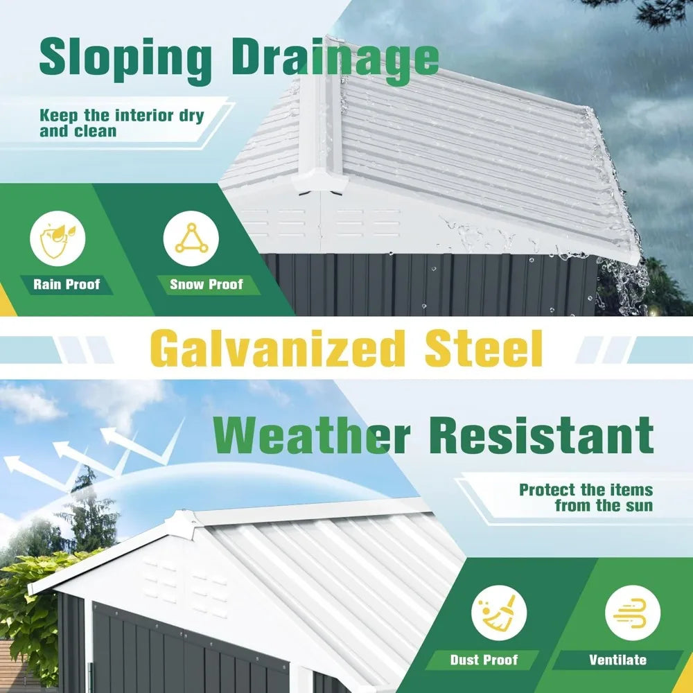 Storage Shed Waterproof Metal Garden Shed with Lockable Door Utility Tool Shed Outdoor Storage for Backyard, Patio and Lawn (6