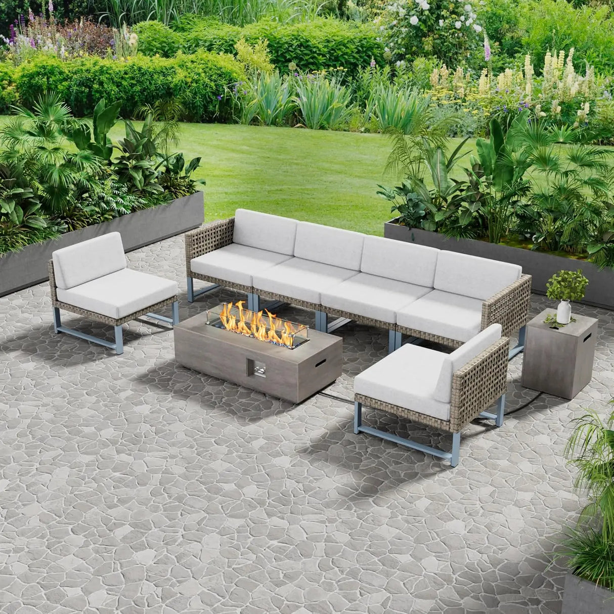 Patio Furniture Set Outdoor Furniture Sectional Couch Fire Pit Table and Chairs Set with Propane Firepit Light Brown Wicker