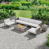 Patio Furniture Set Outdoor Furniture Sectional Couch Fire Pit Table and Chairs Set with Propane Firepit Light Brown Wicker