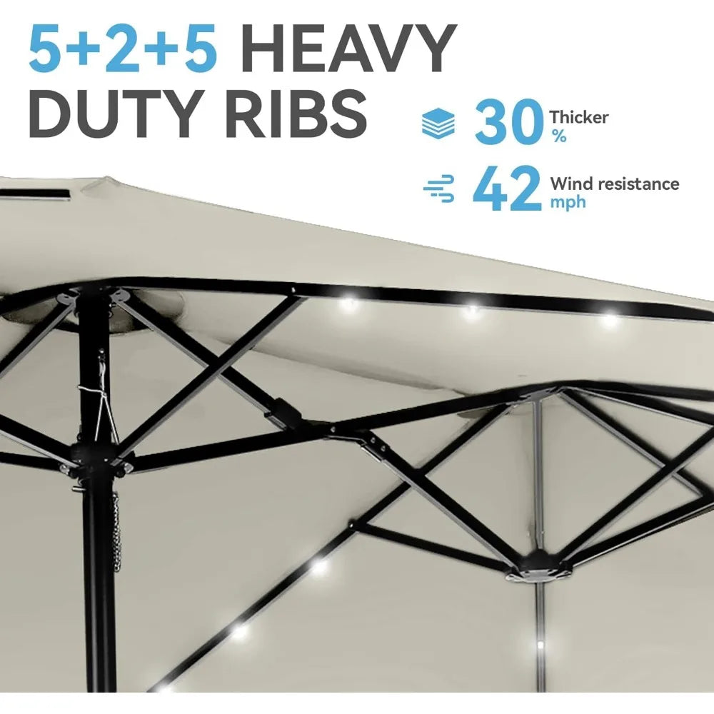 15 ft Rectangle Patio Umbrella with Solar Lights and Base Included, Double-Sided Market Table Umbrella with Crank, Large Outdoo