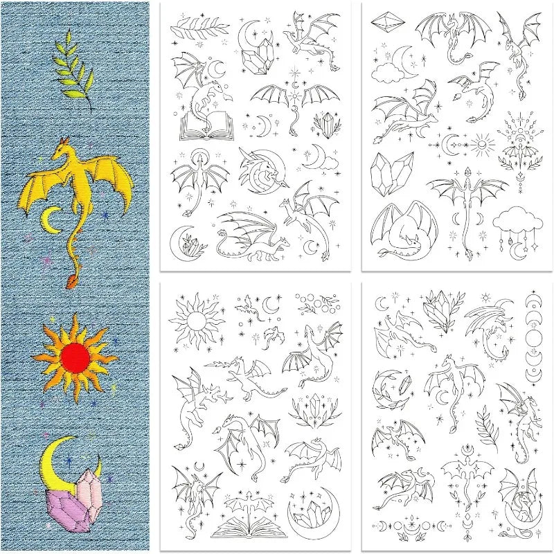 1Set 4Sheets Dragon Water Soluble Embroidery Stabilizer Stars Hand Sewing Stabilizers Self Adhesive Washable Stick and Stitch