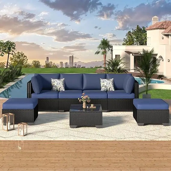 U-MAX Outdoor Sectional Furniture Chair Set with Cushions and Coffee Table,Patio PE Rattan Wicker Sofa, 7 Piece