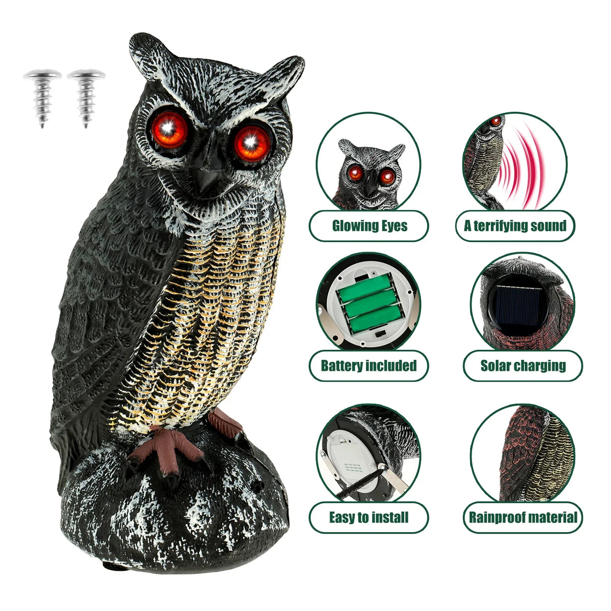 Owl Bird Repellent 360° Rotating Head Realistic Owl Statue Scarecrow Flashing Eyes Scary Sound Garden Bird Repellent Decoration