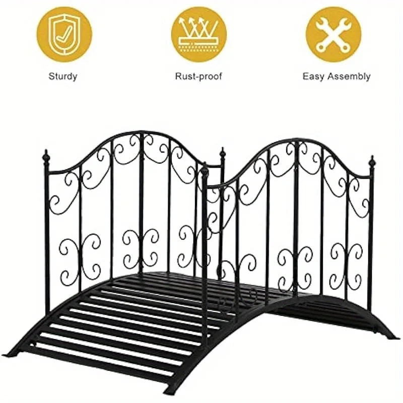 VINGLI Garden Bridge Metal Yard Arch Path Bridge with Patterned Guardrails Ourdoor Decorative Black Iron Foot Bridge for