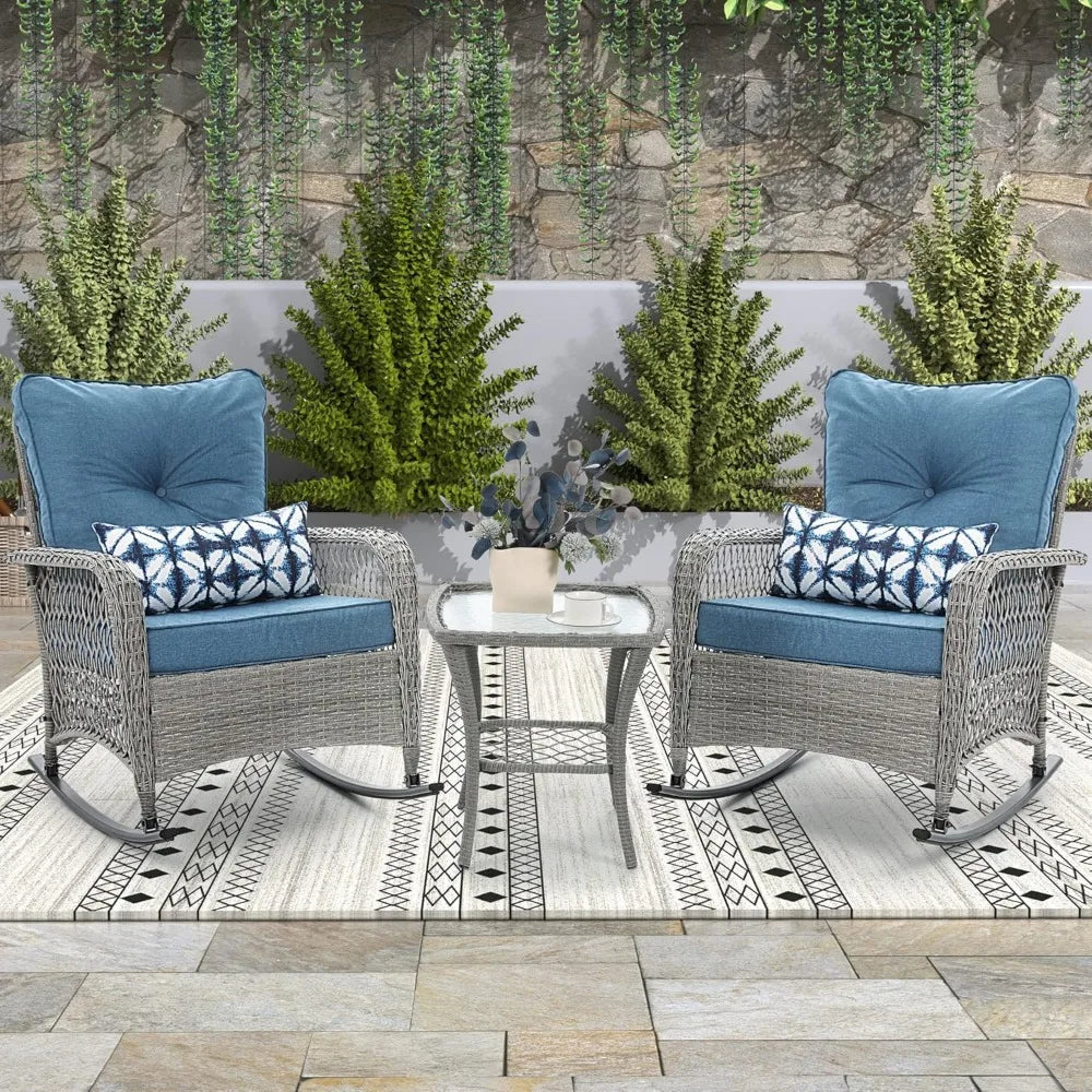 3 Piece Patio Set Rocking, with 2 Rockers and 1 Side Table with 4‘’ Thick Cushions, Rattan Outdoor Rocking Patio Bistro Set