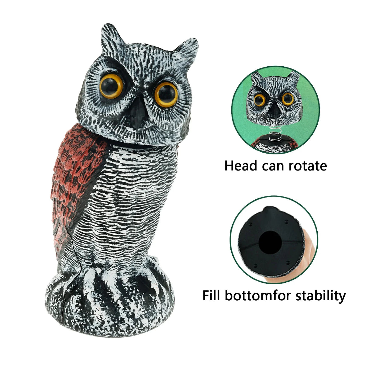 Owl Bird Repellent 360° Rotating Head Realistic Owl Statue Scarecrow Flashing Eyes Scary Sound Garden Bird Repellent Decoration