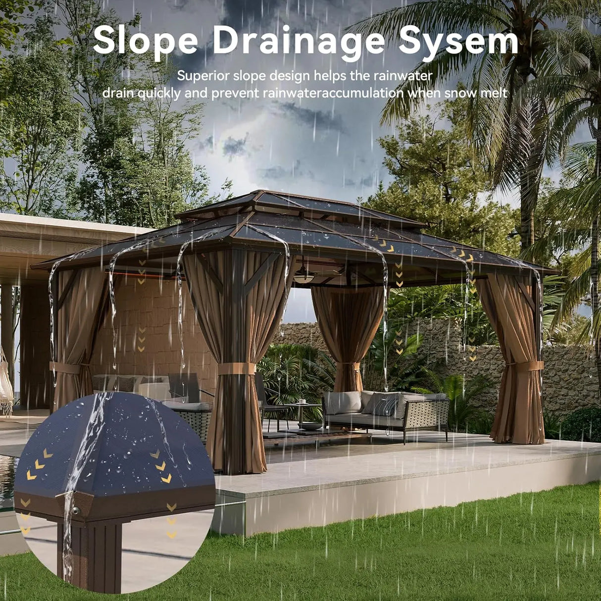 12'x16' Hardtop Gazebo, Aluminum Frame Permanent Pavilion with Curtains and Netting