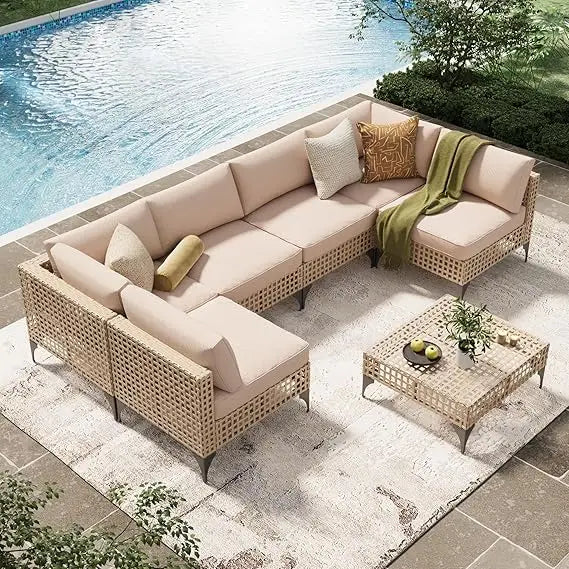 U-MAX Outdoor Sectional Furniture Chair Set with Cushions and Coffee Table,Patio PE Rattan Wicker Sofa, 7 Piece