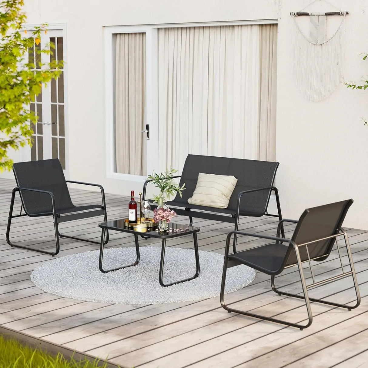 4 Piece Patio Furniture Set, Outdoor Patio Furniture with Loveseat and 2 Single Chairs, Bistro Table and Chairs Set for Backyard