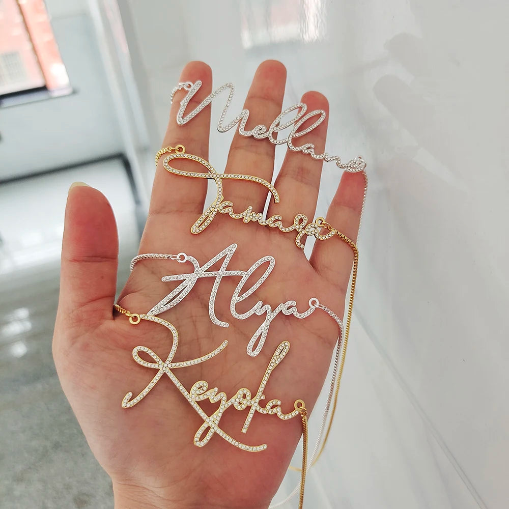 2022 Custom Name Necklace Crystal Pendant Stainless Steel Personalized Necklace Cursive Font Custom Name Jewelry for Men Women
