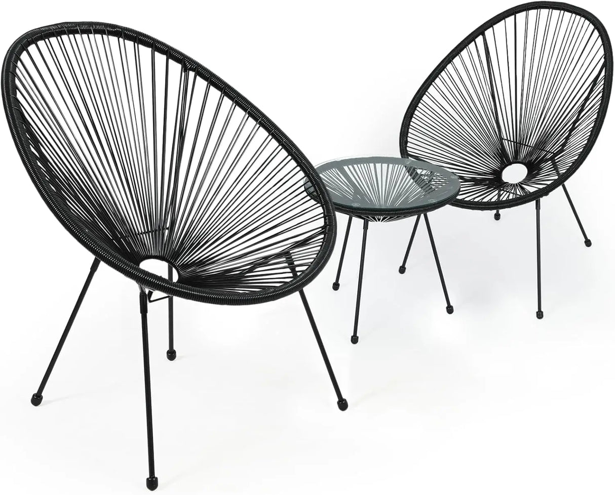 3-Piece Outdoor Chair Set - Glass Top Table, Woven PE Rope, Modern Bistro Set for Patio, Garden