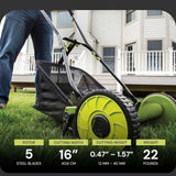 16-Inch Manual Reel Mower w/Adjustable Cutting Height, 6.6-Gallon Removable Grass Catcher, 5 Steel Blades, 2-Wheels