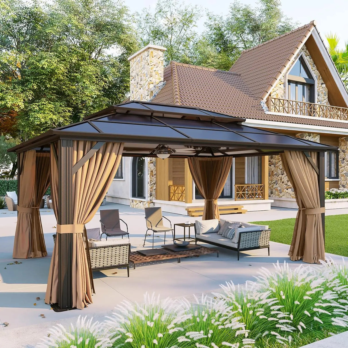12'x16' Hardtop Gazebo, Aluminum Frame Permanent Pavilion with Curtains and Netting