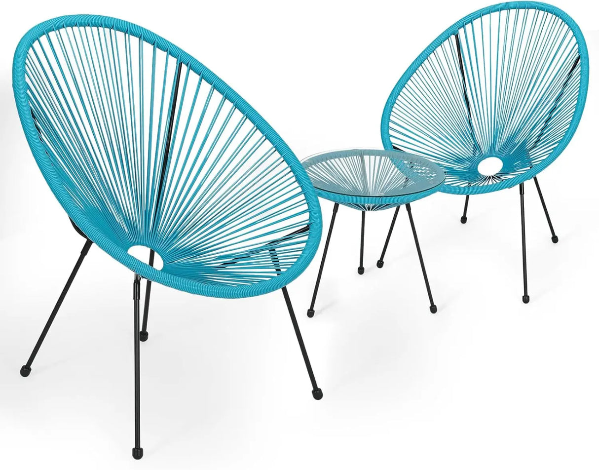 3-Piece Outdoor Chair Set - Glass Top Table, Woven PE Rope, Modern Bistro Set for Patio, Garden