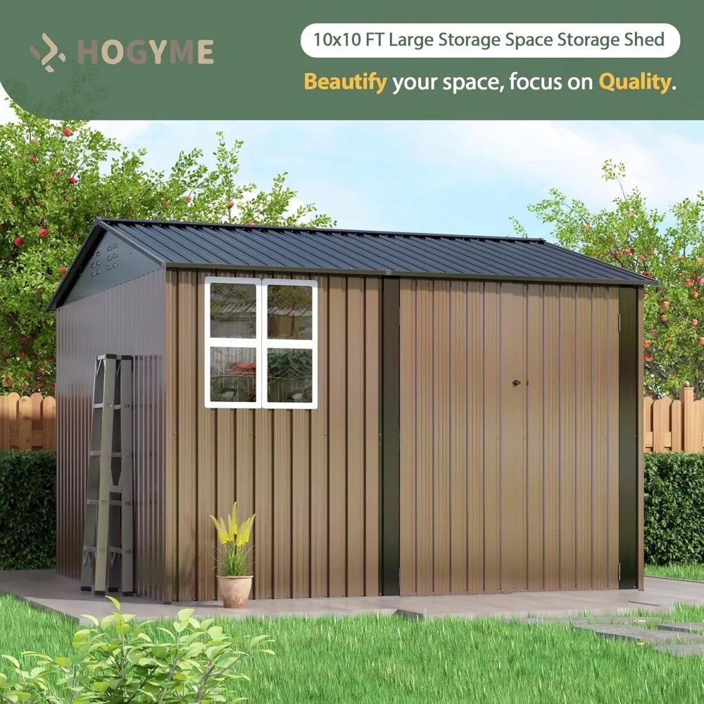 10x10 FT Large Outdoor Storage Shed, Metal Clearance Tiny Home with Windows & Lockable Doors for Backyard Garden, Patio Lawn, Pl