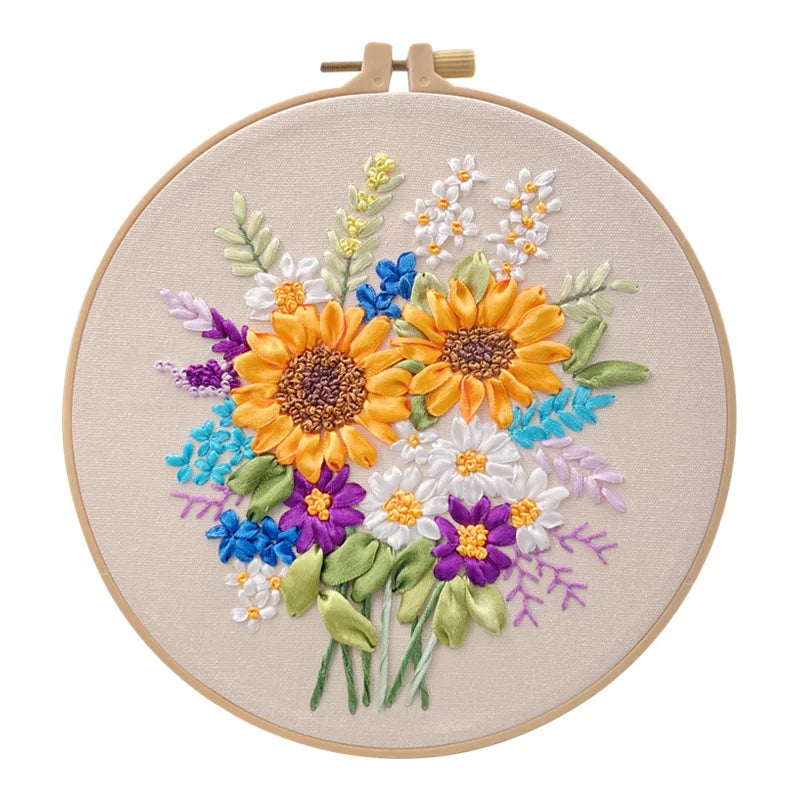 Ribbon Embroidery Stitch Practice Kit Embroidery Kit for Adult Beginners, Include Embroidery Cloth Threads for Craft Lover