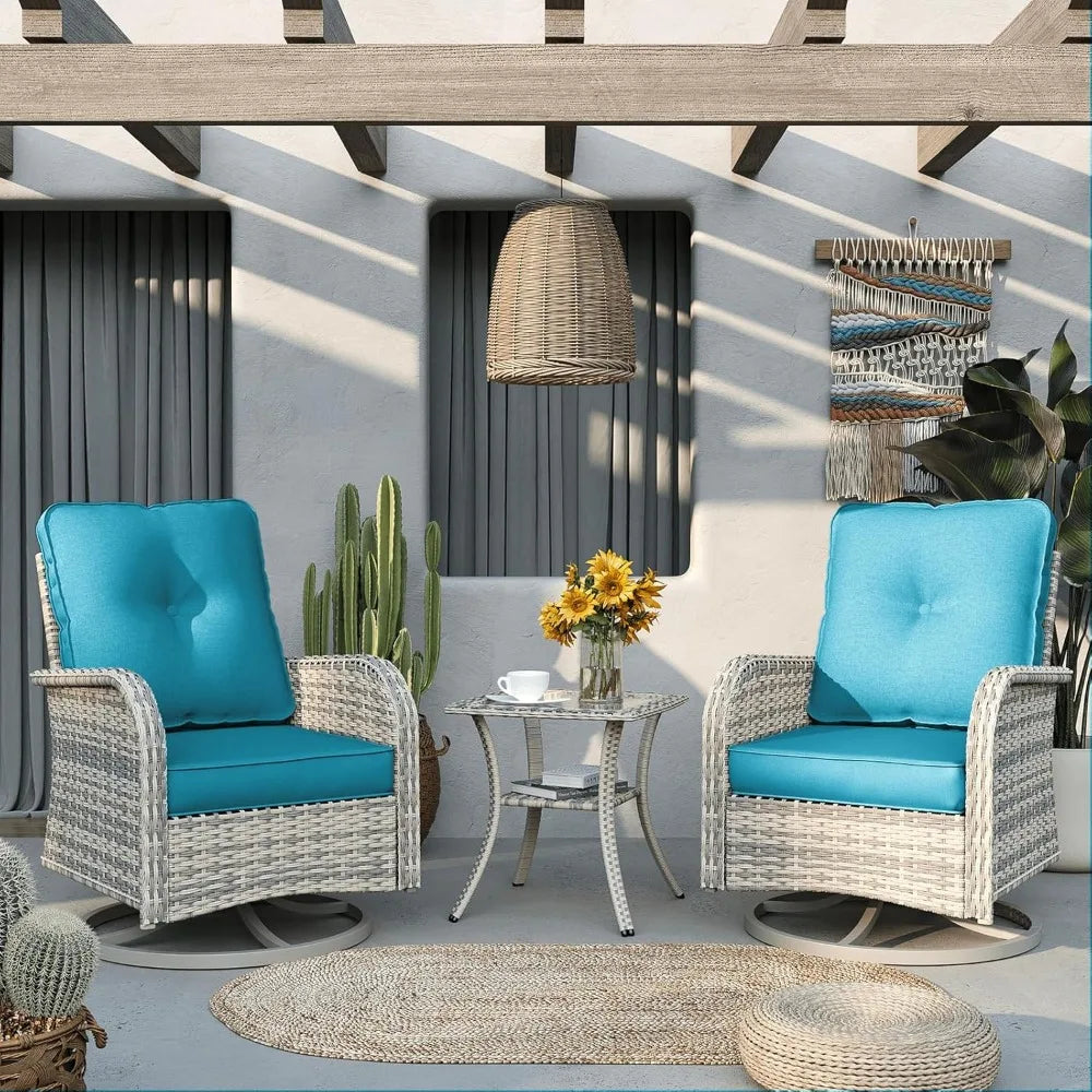 Patio Outdoor Rocking Swivel Chair Wicker Rattan Bistro Set with Tempered Glass Side Table, Outdoor Patio Furniture Set for Gard