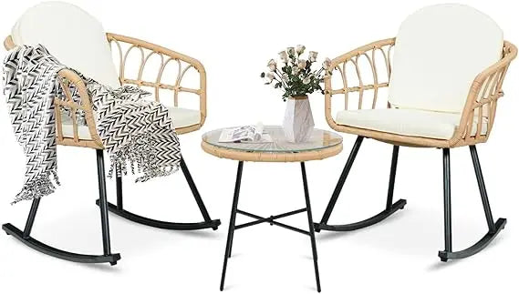 3 Pieces Rocking Chairs Set - Outdoor Wicker Rattan Rocking Chairs with Thickened Cushions, Boho Patio Furniture, Patio Convers