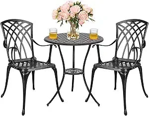 3 Piece Patio Bistro Set Cast Aluminum Bistro Table Set Outdoor Round Dining Table with Umbrella Hole for Porch, Lawn, Garden,