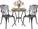 3 Piece Patio Bistro Set Cast Aluminum Bistro Table Set Outdoor Round Dining Table with Umbrella Hole for Porch, Lawn, Garden,
