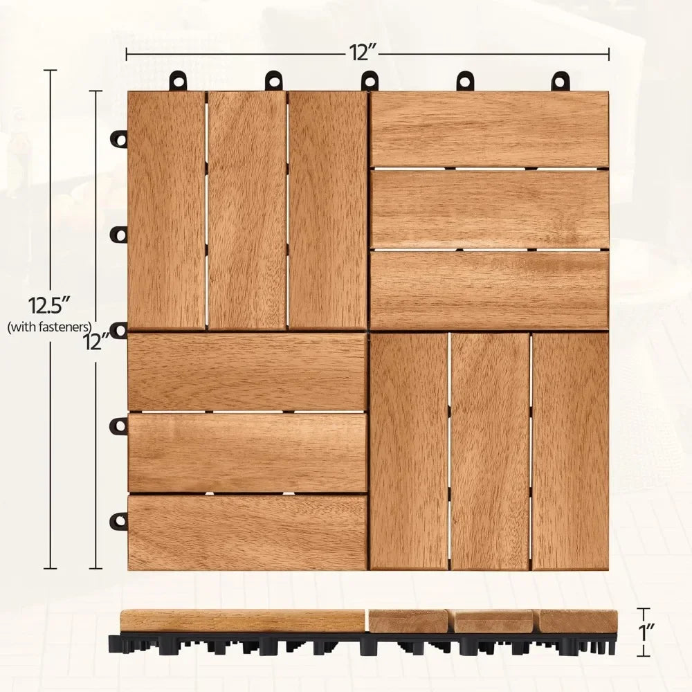 108pcs Hardwood Interlocking Patio Deck Tiles Acacia Waterproof Wood Flooring Tiles for Patio Garden Poolside, 12'' x12''