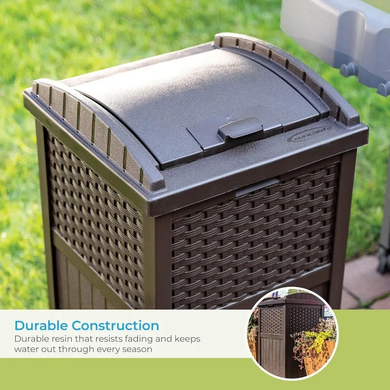 Trashcan Hideaway with Lid for 30 to 33 Gallon Trash Bags for Garage, Backyard, or Garden, Brown, Made