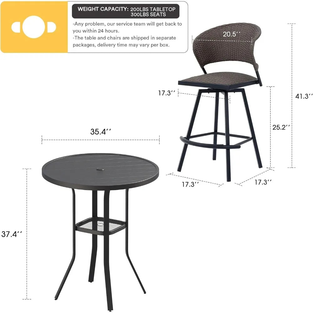 3 Pieces Patio Bar Set for Lawn Garden, 35.5" Bar Height Metal Round Table and 2 Wicker Outdoor Swivel Outdoor Bar Stools, Blac