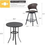 3 Pieces Patio Bar Set for Lawn Garden, 35.5" Bar Height Metal Round Table and 2 Wicker Outdoor Swivel Outdoor Bar Stools, Blac