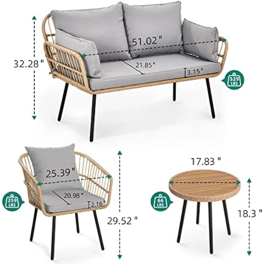 4 Pieces Patio Furniture Set, Outdoor Wicker Patio Conversation Set, All-Weather Rattan Bistro Set with Loveseat Chairs Table S